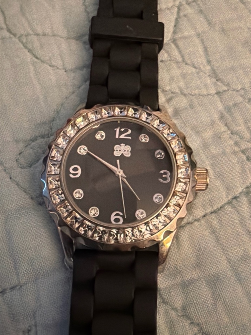 Black Crystal Accent Silicone Strap Watch
